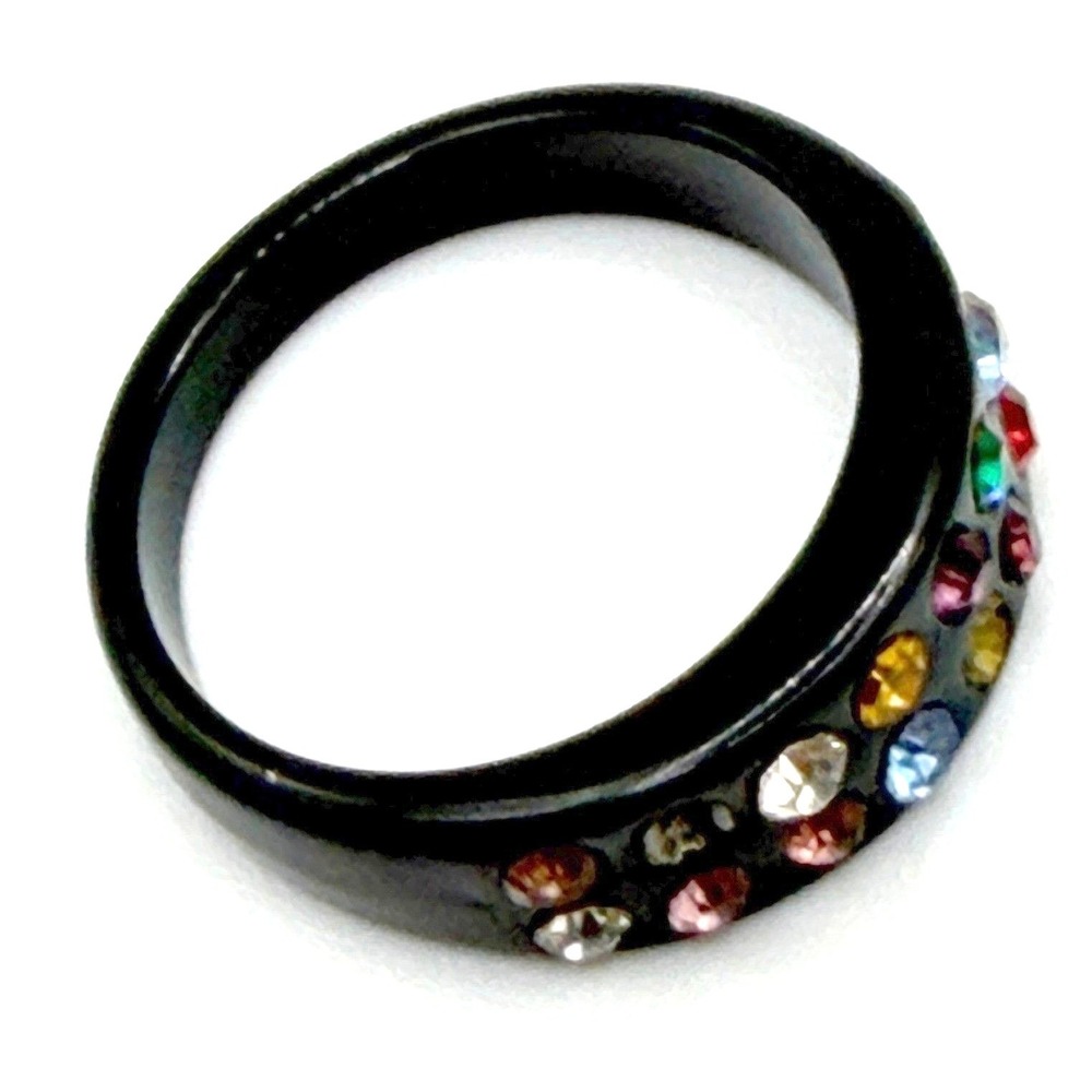 Black Enamel Rainbow Rhinestone Band Ring Colorful Size 5.5 Unisex ring